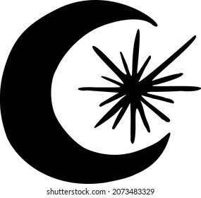 Boho flash tattoo design hand drawn art sun and crescent moon set. Antique style design vector isolated on white background
