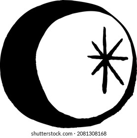 Boho flash tattoo design hand drawn art sun and crescent moon set. Antique style design vector isolated on white background