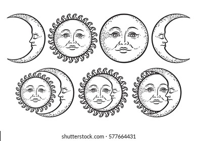 Boho flash tattoo design hand drawn art sun and crescent moon set. Antique style design vector isolated on white background