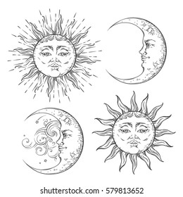 Boho flash tattoo design hand drawn art sun and crescent moon set. Antique style design vector isolated on white background