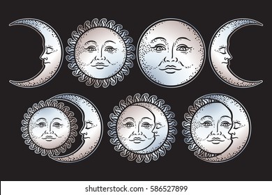 Boho flash tattoo design hand drawn art sun and crescent moon set. Antique style sticker design vector isolated on black background