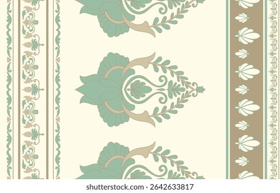 Boho Floral Border, Ikat, Indian Ethnic Floral, Ikat, Indian Ethnic, Aztec Floral Border, Green Seamless Pattern