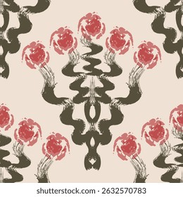 Boho Floral brush repeat pattern, Floral Block print , Flower ink brush digital design,Floral ogee pattern,medallion,Art deco pattern digital print seamless background.Abstract geometrical wallpaper.