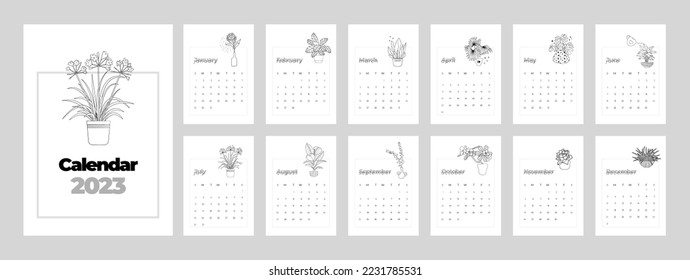 Calendario floral de Boho para 2023 año. Instalaciones de arte en línea. Páginas de calendario mensuales establecidas. A partir del domingo. Ilustración vectorial plana.