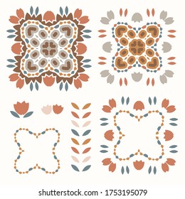 Boho floral design element clipart. Isolated decorative hand drawn flower doodle icon. Gender neutral quilt block earthy colors. 