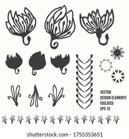 Boho floral design element clipart. Isolated decorative hand drawn flower doodle icon. Monochrome black and white line art.
