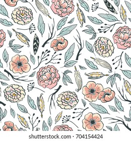 Boho floral design. Pink peonies, branches and feathers. Vector seamless pattern for fabric, wallpaper or wedding gift paper.
