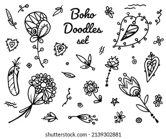 Boho Floral Doodles Set. Outlines Boho Decorative Fantasy Hearts And Flowers - Simple Dark Lines On White Background.