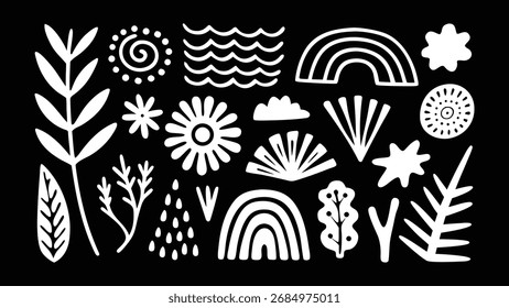 Boho floral elements in white on black create a modern artistic design.