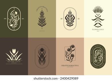 Boho floral emblems. Abstract botanical symbols with leaves and flowers. Magic zodiac astrology signs. Nature luxury emblem design vector set of boho logo organic illustration