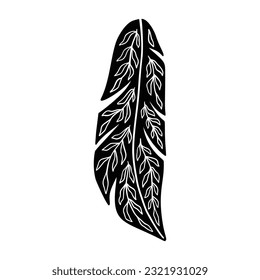 Boho Floral Feather Silhouette. Hand Drawn Feather in Linocut Style. Ethnic Icon Vector Illustration Isolated on White Background. Bohemian Clipart for Logo, Poster, T Shirt Print.