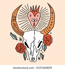 Boho floral flower boho hippie groovy bull skull sketch illustration. Digital sticker, wild west cartoon doodles, tribal bohemian vintage retro style decor. Unique vector clipart design. Mexico Sacred