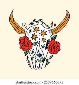 Boho floral flower boho hippie groovy bull skull sketch illustration. Digital sticker, wild west cartoon doodles, tribal bohemian vintage retro style decor. Unique vector clipart design. Mexico Sacred