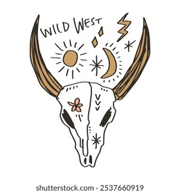 Boho floral flower boho hippie groovy bull skull sketch illustration. Digital sticker, wild west cartoon doodles, tribal bohemian vintage retro style decor. Unique vector clipart design. Mexico Sacred