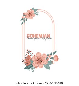 Boho floral frame, Hand drawn flowers, Botanical composition, Decorative bohemian element for wedding card, Invitations Vector illustration.