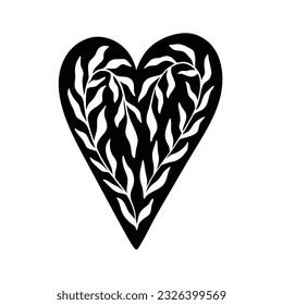 Boho Floral Heart Silhouette. Hand Drawn Love Wreath in Linocut Style. Celestial Flower Heart Vector Illustration Isolated on White Background. Bohemian Clipart for Logo, Poster, T Shirt Print