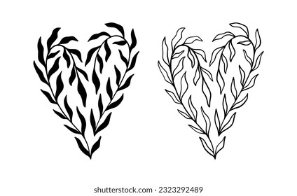 Boho Floral Heart Silhouette Set. Hand Drawn Love Wreath in Linocut Style. Celestial Flower Heart Vector Illustration Isolated on White Background. Bohemian Clipart for Logo, Poster, T Shirt Print