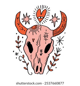 Boho floral boho hippie groovy bull skull sketch illustration. Digital sticker, wild west cartoon doodles, tribal bohemian vintage retro style decor. Unique vector clipart design. Mexico Sacred Heart