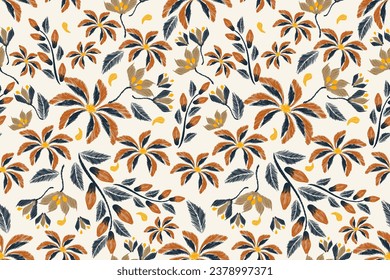 El borde del patrón de ikat floral no tiene fisuras. Flores acuáticas de color naranja Ikat diseño bordado paisley con motivos florales. Patrón étnico oriental tradicional. Ikat patrón de ilustración vectorial sin fisuras. 