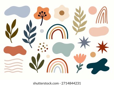 Boho floral illustration in flat hand drawn style for modern decor concepts. Ideal for posters, nursery art, packaging, invitations, and creative branding.