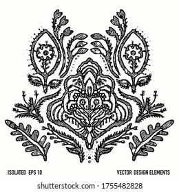 Boho floral lace design element clipart. Isolated decorative hand drawn flower doodle icon. Monochrome black and white tattoo style line art.