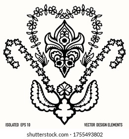 Boho floral lace design element clipart. Isolated decorative hand drawn flower doodle icon. Monochrome black and white tattoo style line art