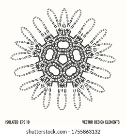Boho floral lace design element clipart. Isolated decorative hand drawn flower ink doodle icon. Monochrome black and white tattoo style line art.