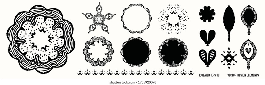 Boho floral lace design element clipart. Isolated decorative hand drawn flower ink doodle icon. Monochrome black and white tattoo style line art. Set Collection
