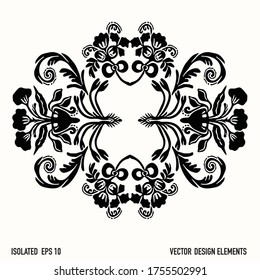 Boho floral lace paisley design element clipart. Isolated decorative hand drawn flower doodle icon. Monochrome black and white tattoo style line art.