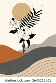 Boho Floral Landscape with Sun and Hibiscus. Abstract background flat design boho wall art set