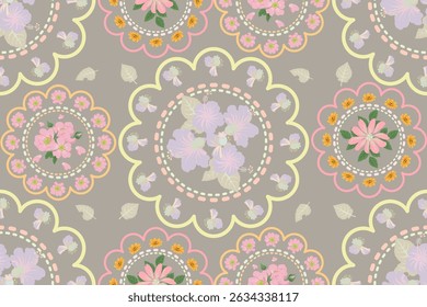 Boho Blumenmedaillon nahtloses Muster. Erdliche Retro-Farben. Botanische Batik paisley Rand Hintergrund. Mandala. Orientalisches Blumenmuster für Tapete, Heimtextilien, Vorhangstoff, Kleidung
