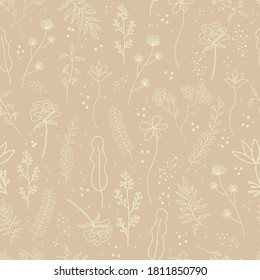 Boho floral minimalistic seamless pattern. Vector pastel botanical design. Textile background bohemain
