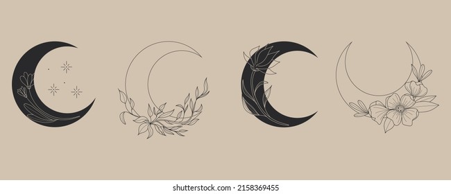 Boho floral moon. Flowers in trendy linear minimal style, outline emblem for jewelry, handmade masters, cosmetics. Spa, beauty and tattoo salon, mystery feminine symbol, esoteric astronomy, vector set