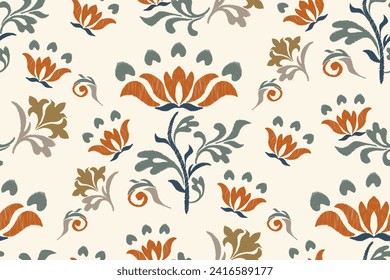 Blumenmuster Ikat Muster Stickerei lotus fllower motifs Vintage Retro Design Hintergrund Rahmen Rahmen Rahmen für Print-Template Gewebe Textilien. Vektorgrafik handgezeichnet. 