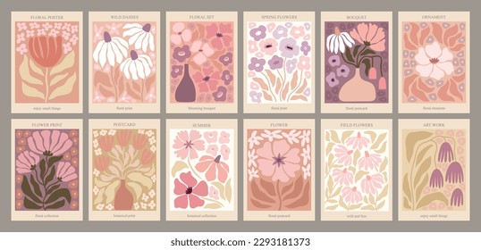 Boho Floral posters with for your design. Hand drawn Groovy prints with flowers and leaves. Postcards bohemian theme, Vector illustration.