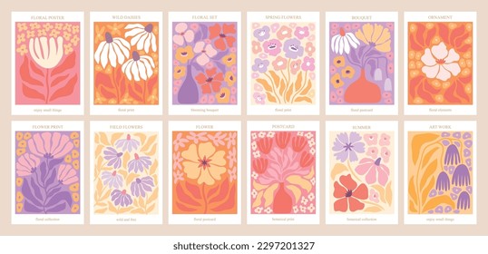 Afiches de Boho Floral con para su diseño. Huellas Groovy dibujadas a mano con flores y hojas. Tema bohemio de postales, ilustración vectorial.