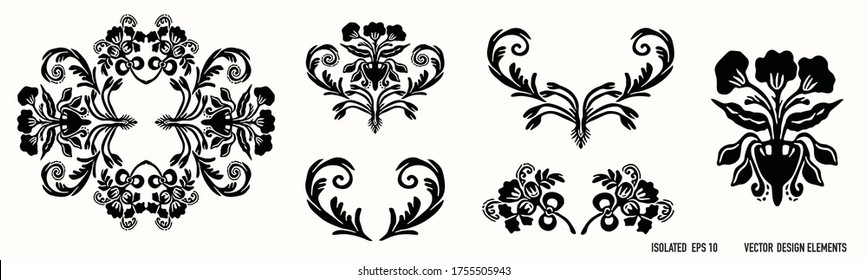 
Boho floral scroll design element clipart. Isolated decorative hand drawn flower heart flourish icon. Monochrome black and white tattoo style line art. Collection Set