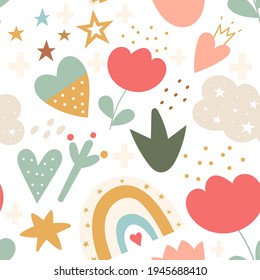 Boho floral seamless pattern. Bohemian digital paper with rainbow, flowers, hearts. Vector illustration.