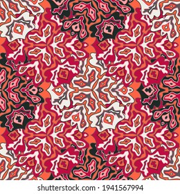 Boho floral seamless pattern in bright summer positive colors. Mandala medallion fluid flowers ornament. Organic floral seamless pattern. Kaleidoscope scrapbook design. Oriental motifs.