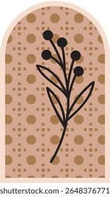 Boho floral stem on vintage teal arch with dotted texture – Design illustration for decoration, wall decor, wallpaper, cover, banner.