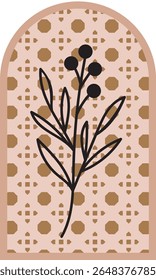 Boho floral stem on vintage teal arch with dotted texture – Design illustration for decoration, wall decor, wallpaper, cover, banner.