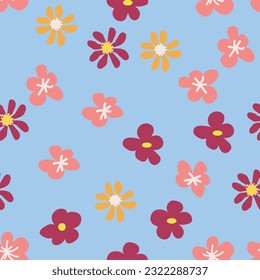Boho Floral vintage seamless pattern. Hippie flower power retro textile print. Groovy botanical wallpaper