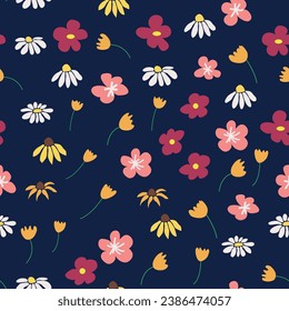 Boho Blumenvintage nahtloses Muster. Hippie Blume Power Retro Textil Druck. Groovanische botanische Tapete