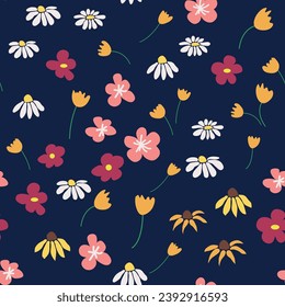 Boho Floral vintage seamless pattern. Hippie flower power retro textile print. Groovy botanical wallpaper