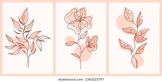 Boho floral wall art vector set. Earth tone elegant line art drawing. Abstract continuous line drawing design with flowers and foliage for print, cover, wallpaper, Minimal and natural aesthetic poster