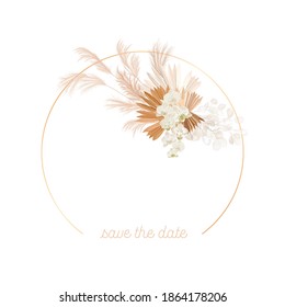 Boho floral wedding vector frame. Watercolor pampas grass, orchid flowers, dry palm leaves border template for marriage ceremony, minimal invitation card, decorative summer banner
