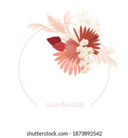 Marco vectorial de bodas florales de Boho. Pampas color de agua hierba, flores de orquídea, hojas de palma secas plantilla de borde para la ceremonia de matrimonio, carta de invitación mínima, pancarta decorativa de verano