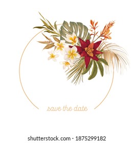 Boho floral wedding vector frame. Watercolor tropical flowers, orchid, dry palm leaves border template for marriage ceremony, minimal invitation card, decorative wreath, summer banner