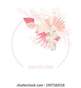 Boho floral wedding vector frame. Watercolor pampas grass, orchid flowers, dry palm leaves border template for marriage ceremony, minimal invitation card, decorative summer banner