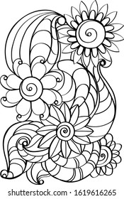 boho flower antistress coloring, vector line art illustration